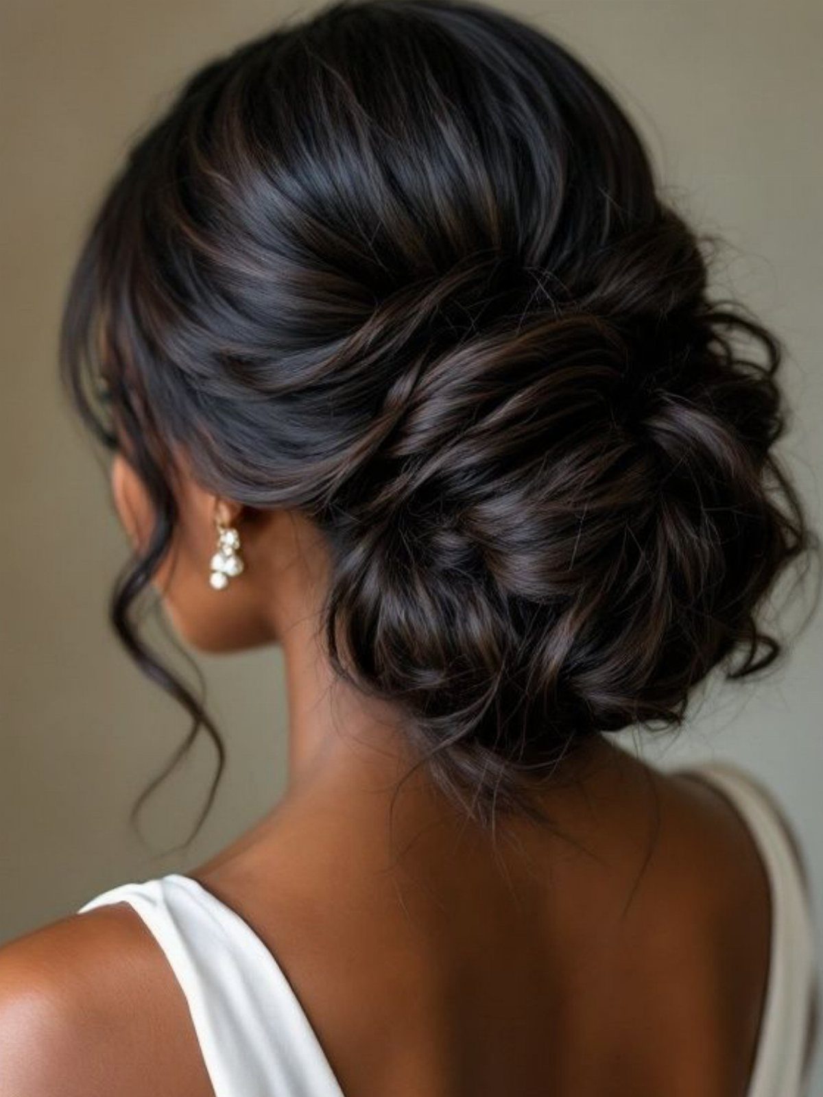 Woman with dark brown hair in a low messy bun wearing white dress