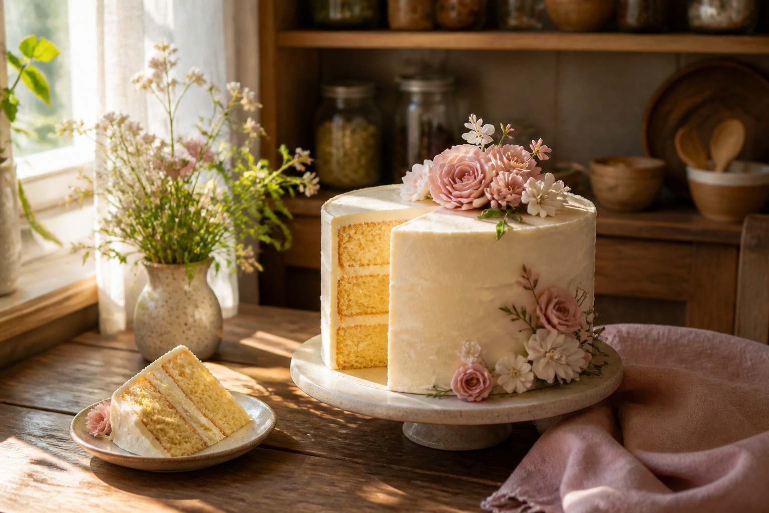 A beautifully decorated multi-layered vanilla cake with frosting.