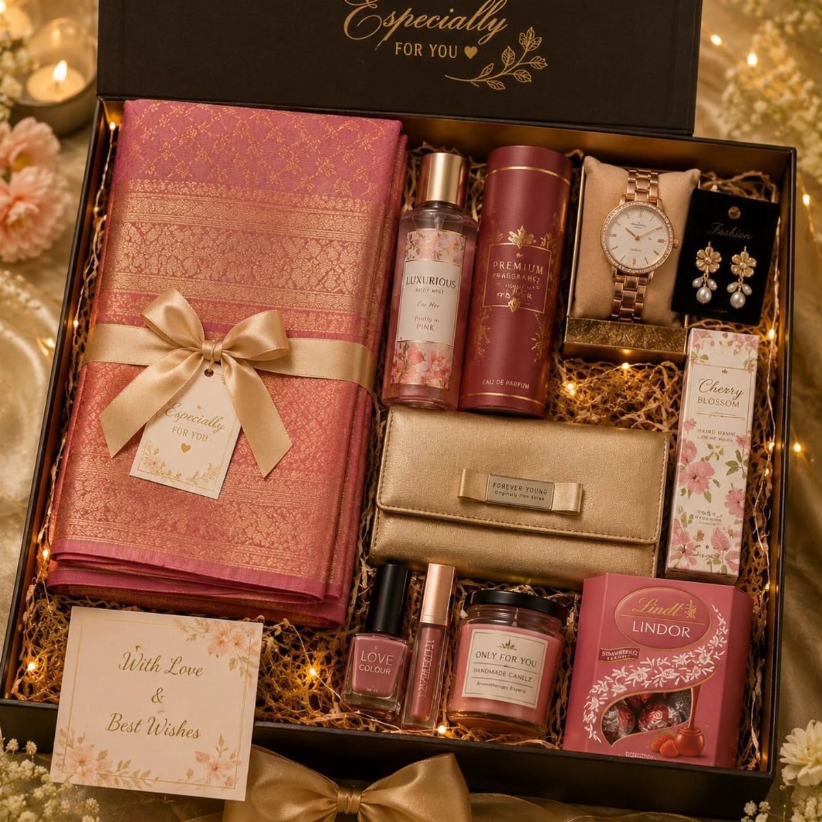 Curated wedding gift hamper with pink fabric, gold accessories, perfumes, and chocolates in a box.