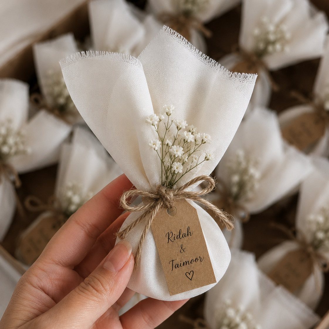 White fabric wedding favor bag with twine, baby's breath, and a personalized name tag.