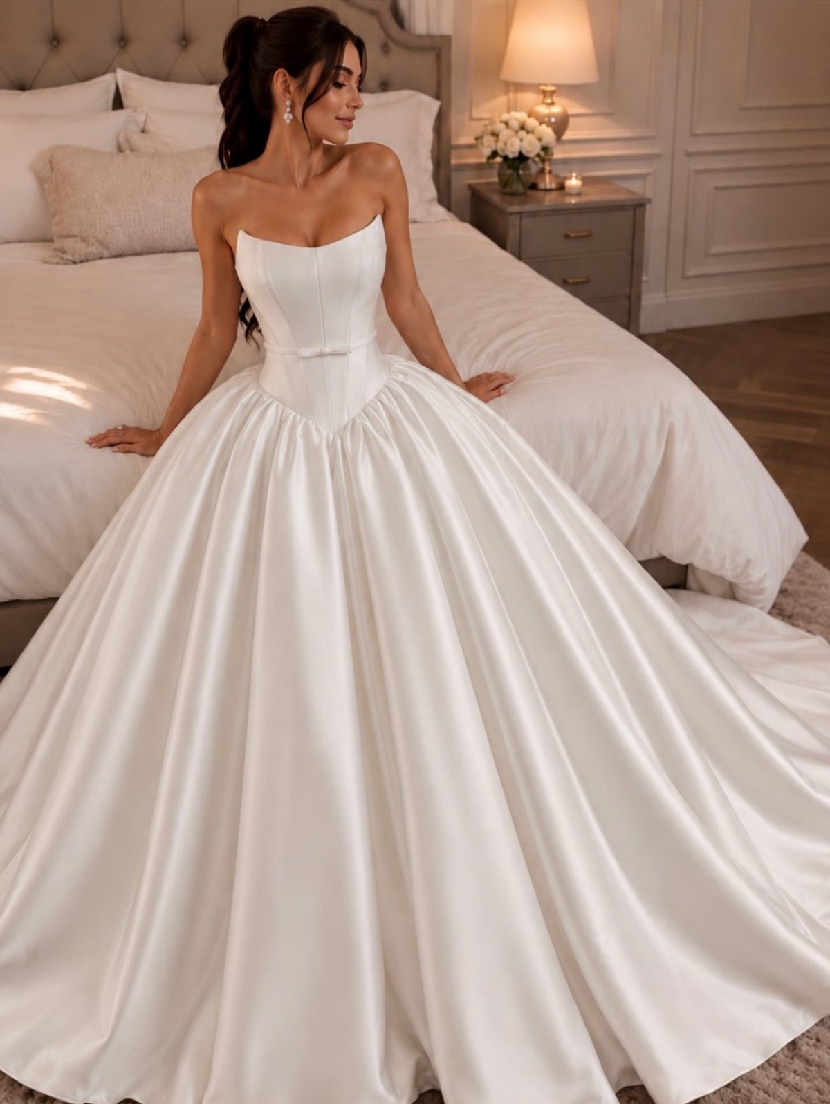 Woman in a white strapless satin ball gown posing in a bedroom.