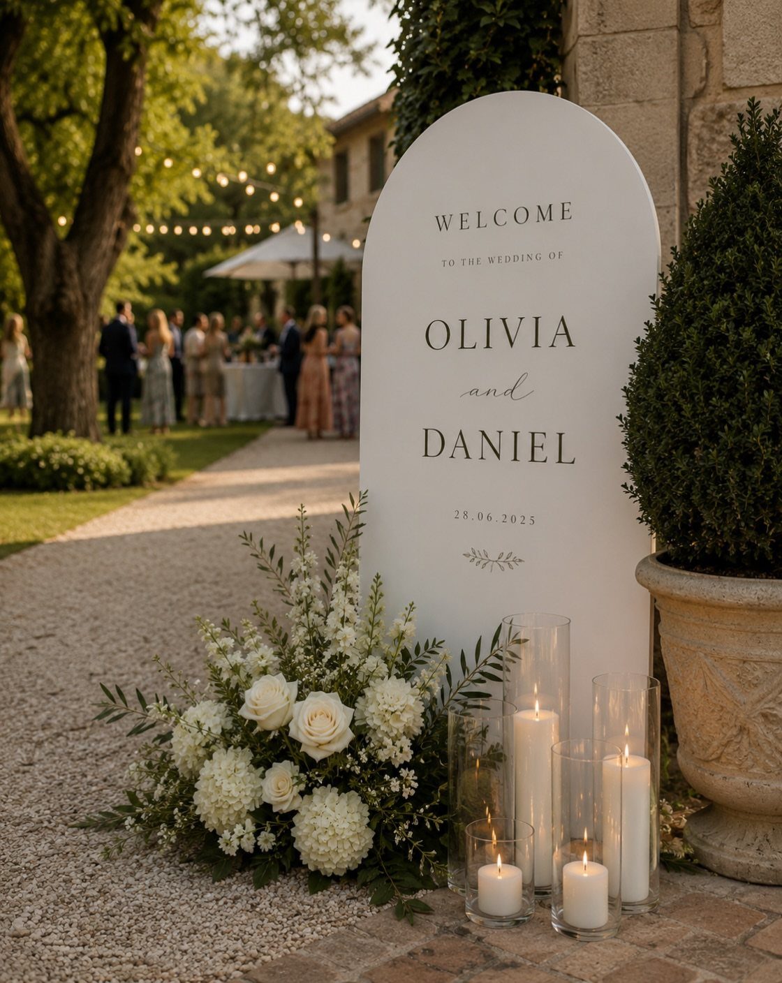 A white arched wedding welcome sign with black text surrounded by white flowers and candles.